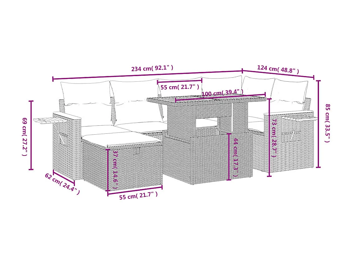 Salon de jardin 7 pièces avec coussins noir résine tressée