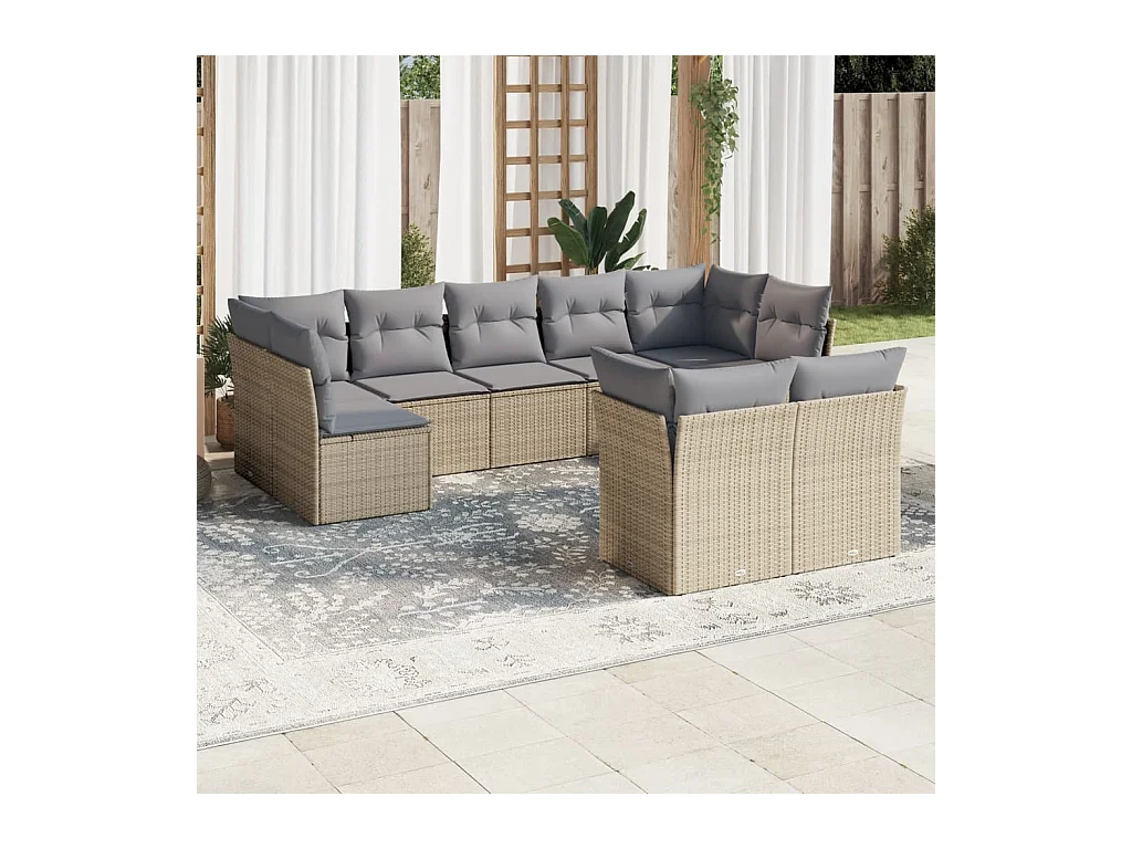 9-delige Loungeset met kussens poly rattan beige