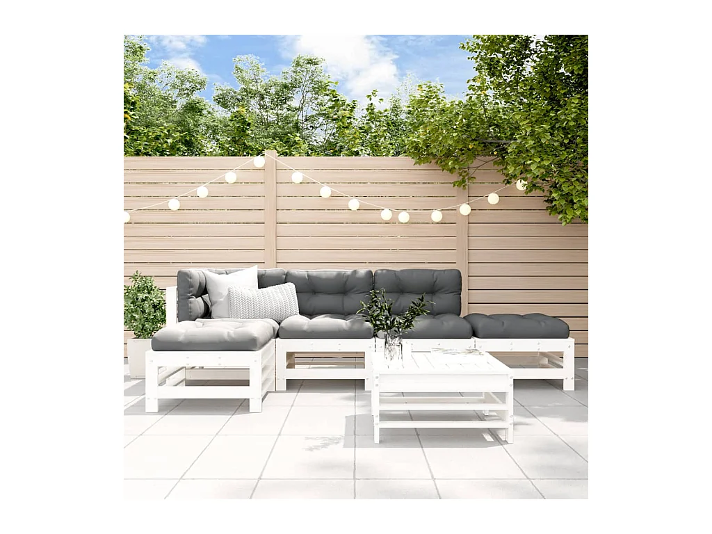 Salon de jardin 6 pièces avec coussins blanc bois massif