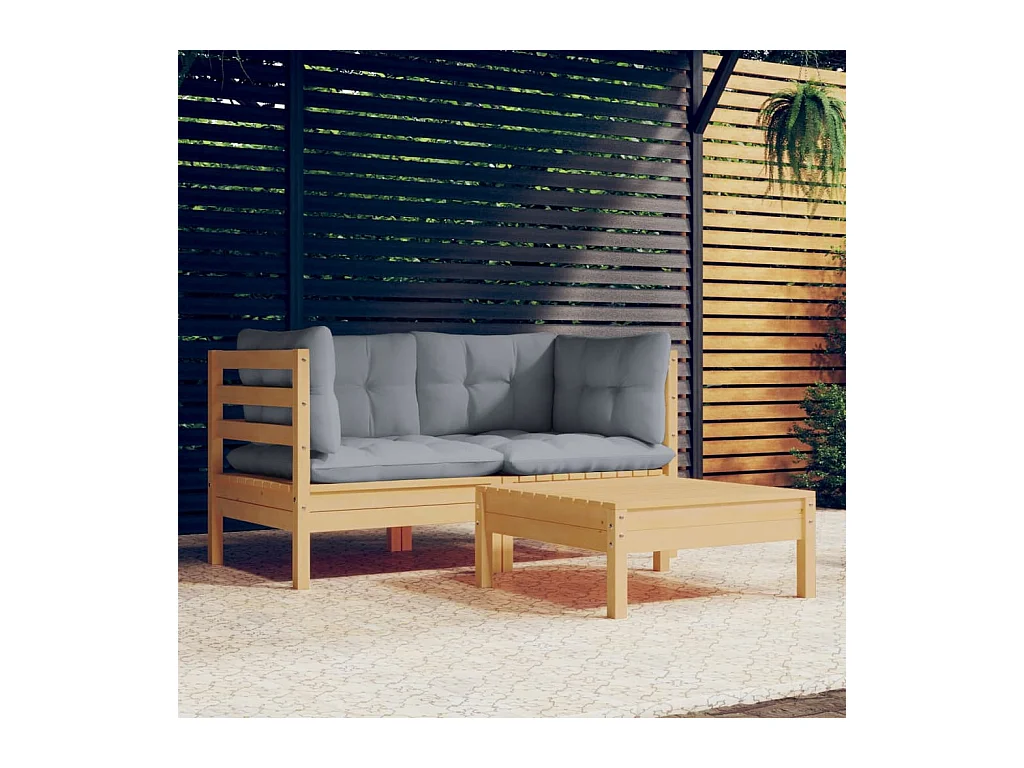3 peças conjunto lounge de jardim c/ almofadões cinzentos pinho