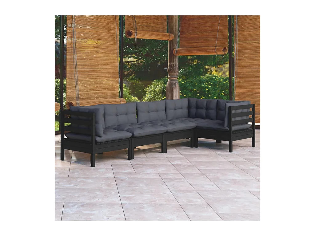 Muebles de jardín 5 piezas con cojines negro madera de pino