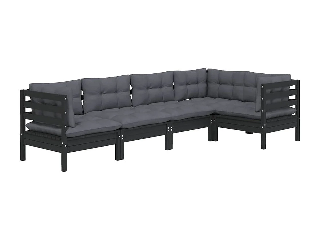 Salon de jardin 5 pièces avec coussins Noir Bois de pin