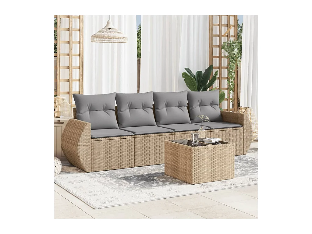 Salon de jardin avec coussins 5 pièces beige résine tressée