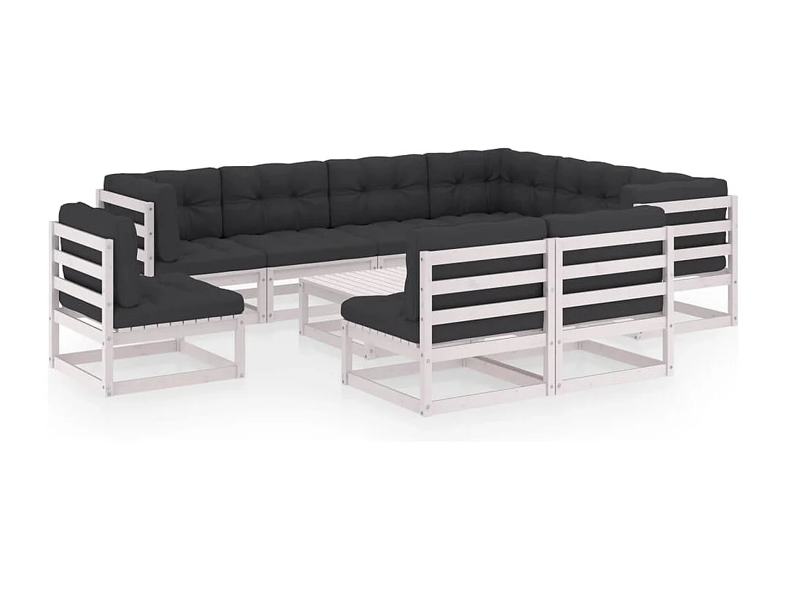 Salon de jardin 10 pièces avec coussins Blanc Bois de pin massif