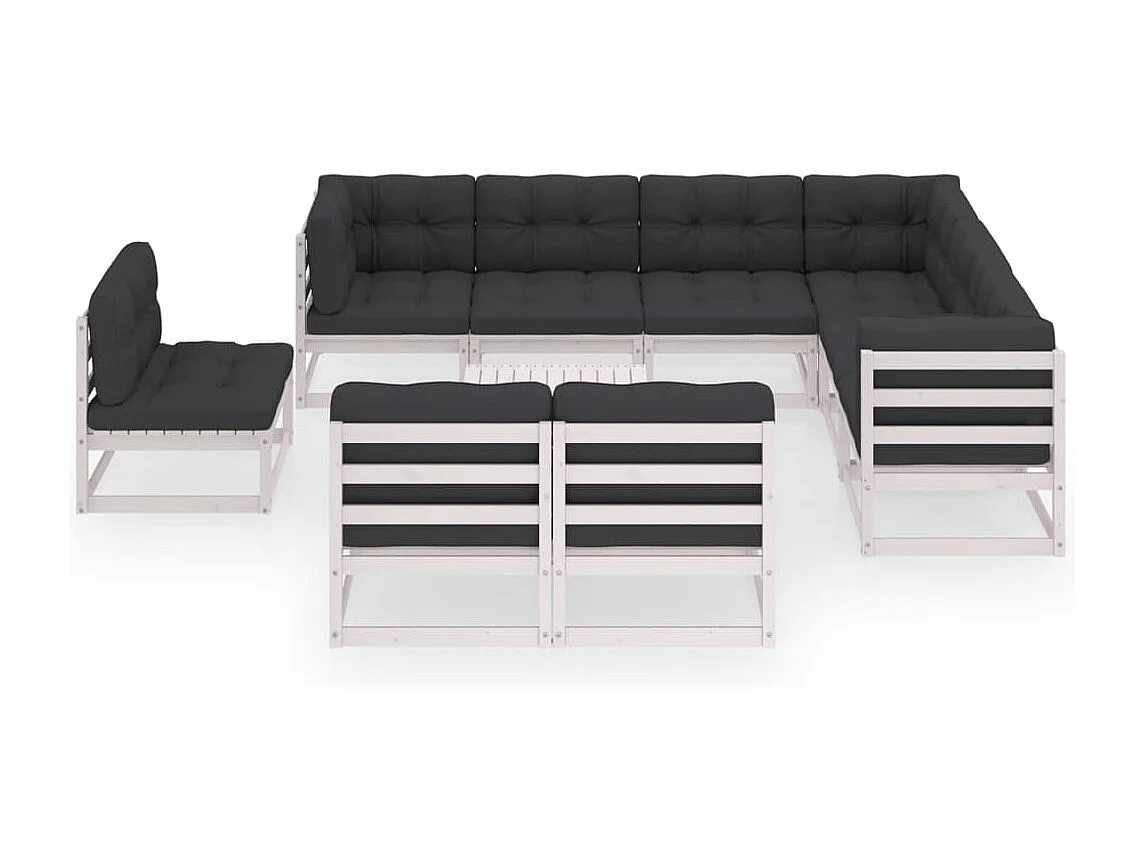 Salon de jardin 10 pièces avec coussins Blanc Bois de pin massif