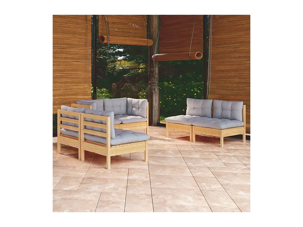 Salon de jardin 6 pièces avec coussins gris Bois de pin massif