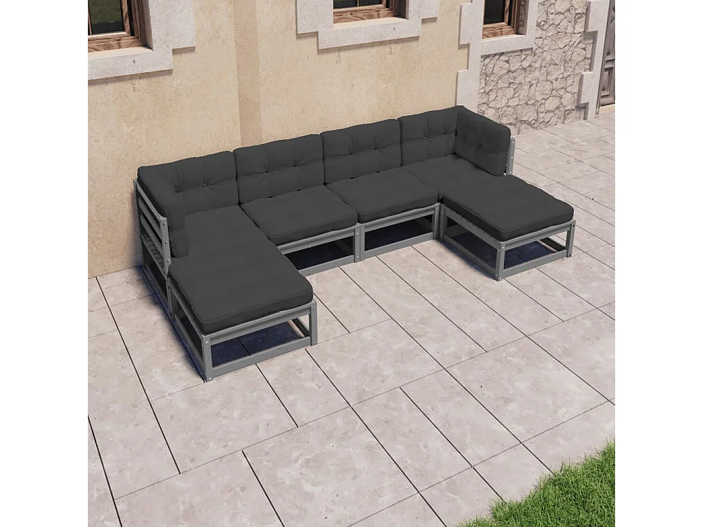 Set de muebles de jardín 6 piezas con cojines madera pino gris
