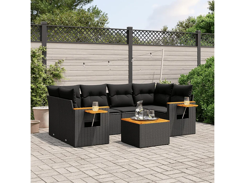 7-delige Loungeset met kussens poly rattan zwart