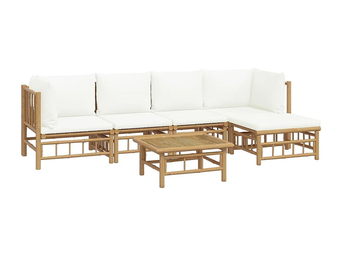 Salon de jardin 6 pièces avec coussins blanc crème bambou