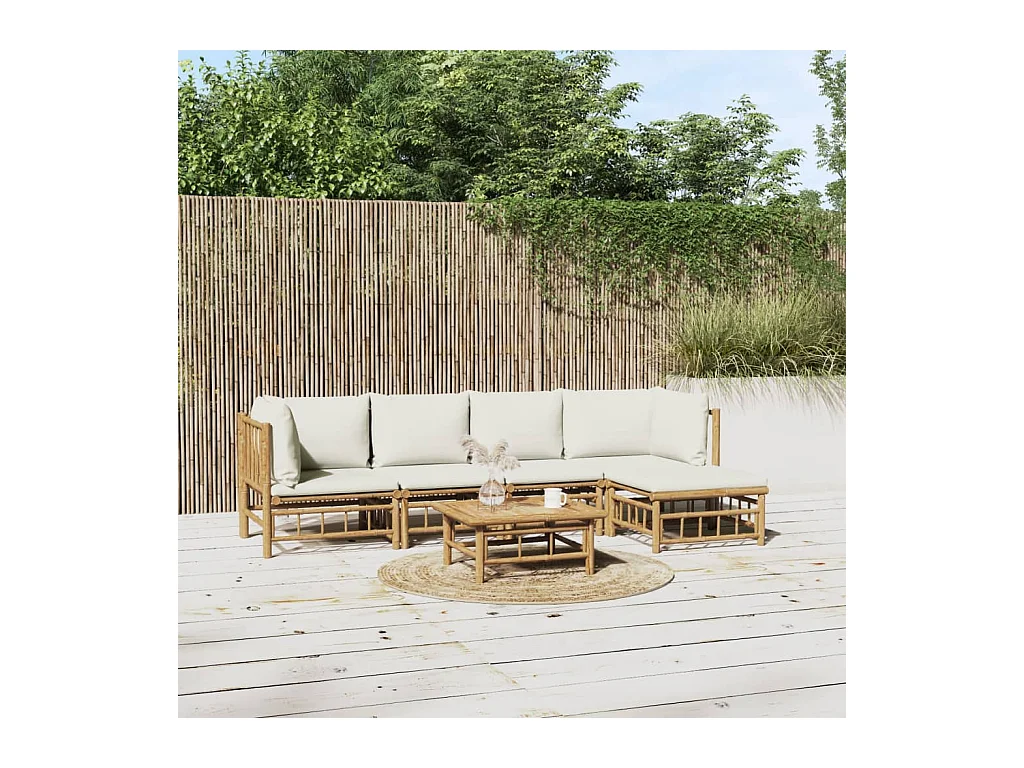 Salon de jardin 6 pièces avec coussins blanc crème bambou