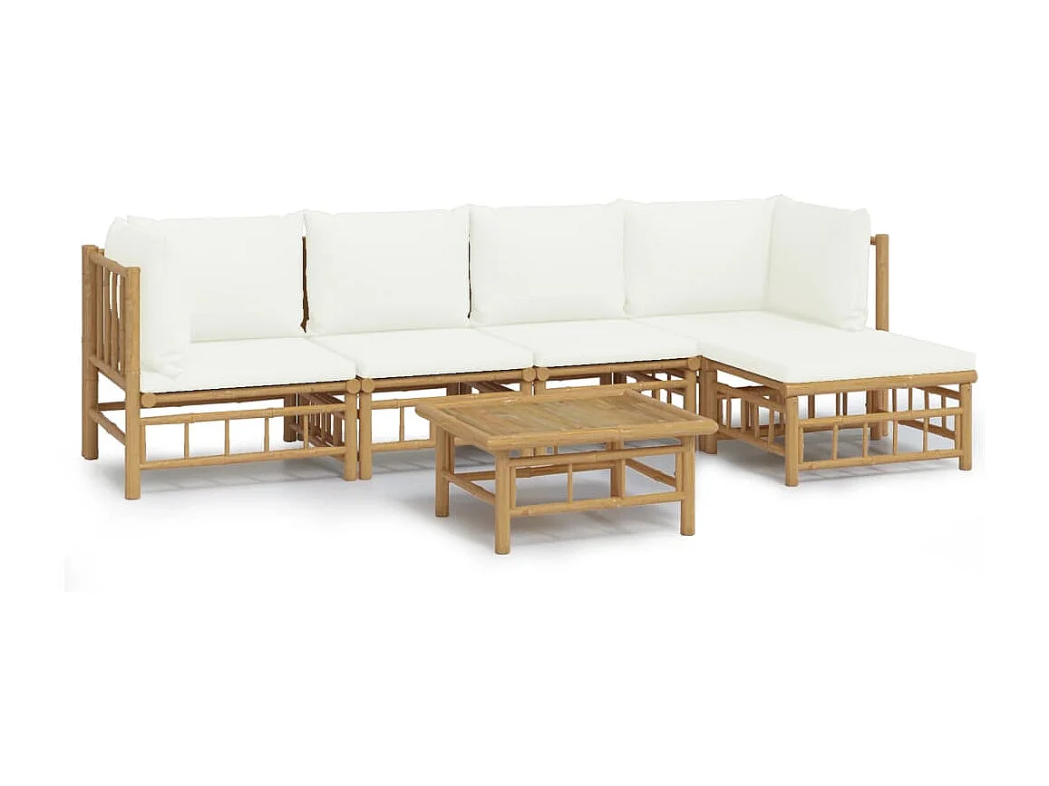 Salon de jardin 6 pièces avec coussins blanc crème bambou
