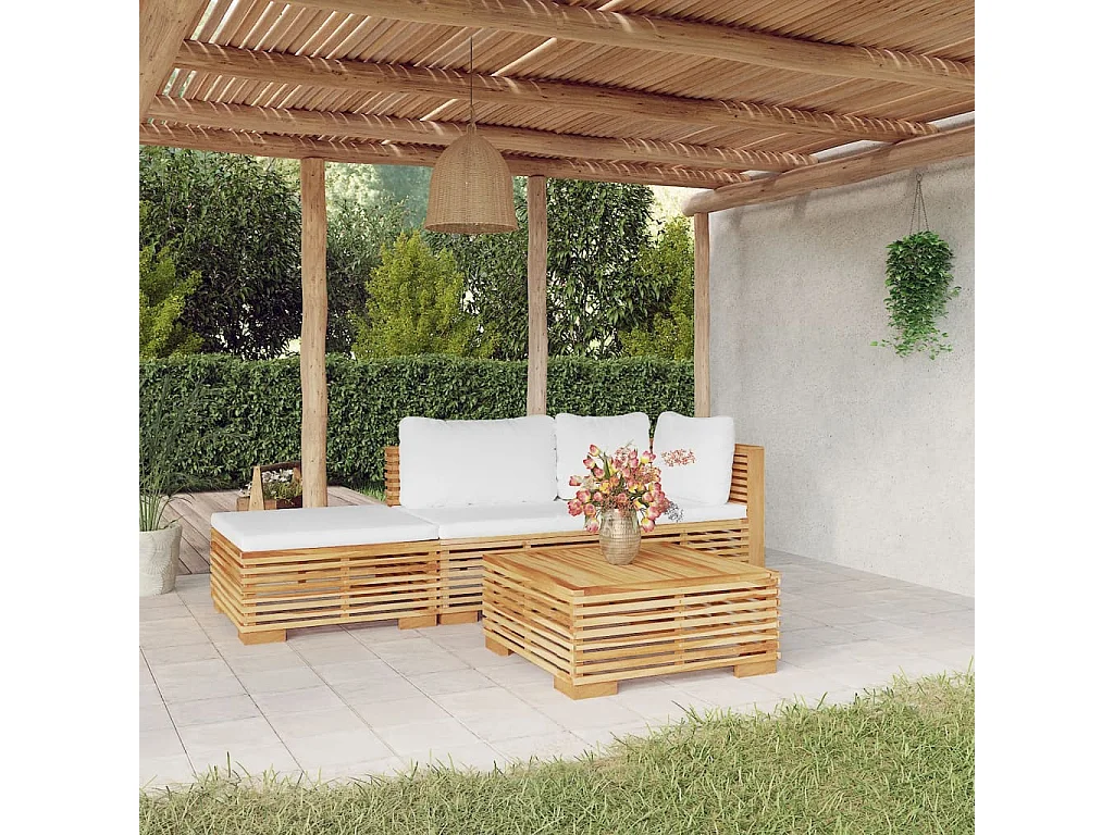 Salon de jardin 4 pièces avec coussins Bois de teck solide