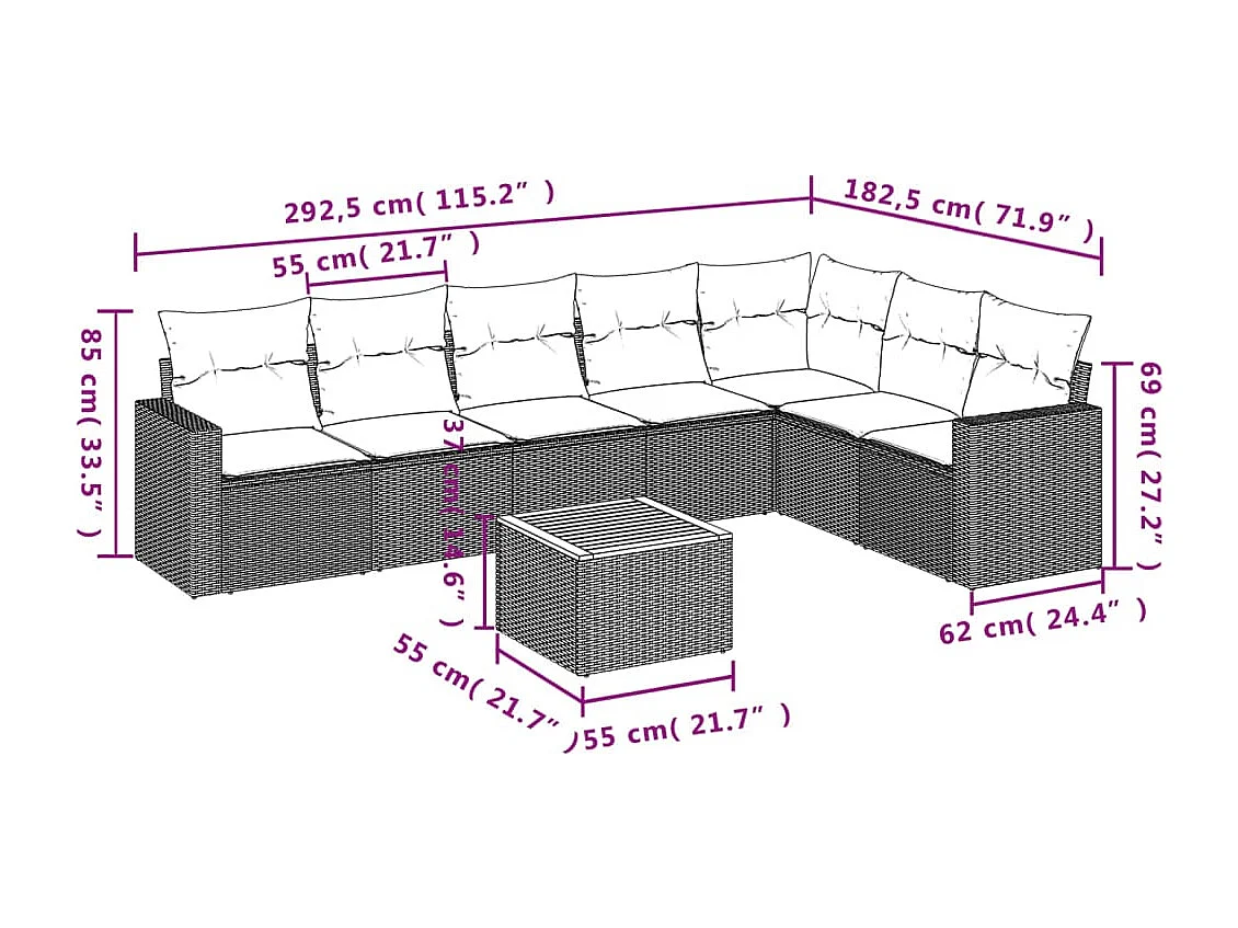 8-delige Loungeset met kussens poly rattan grijs