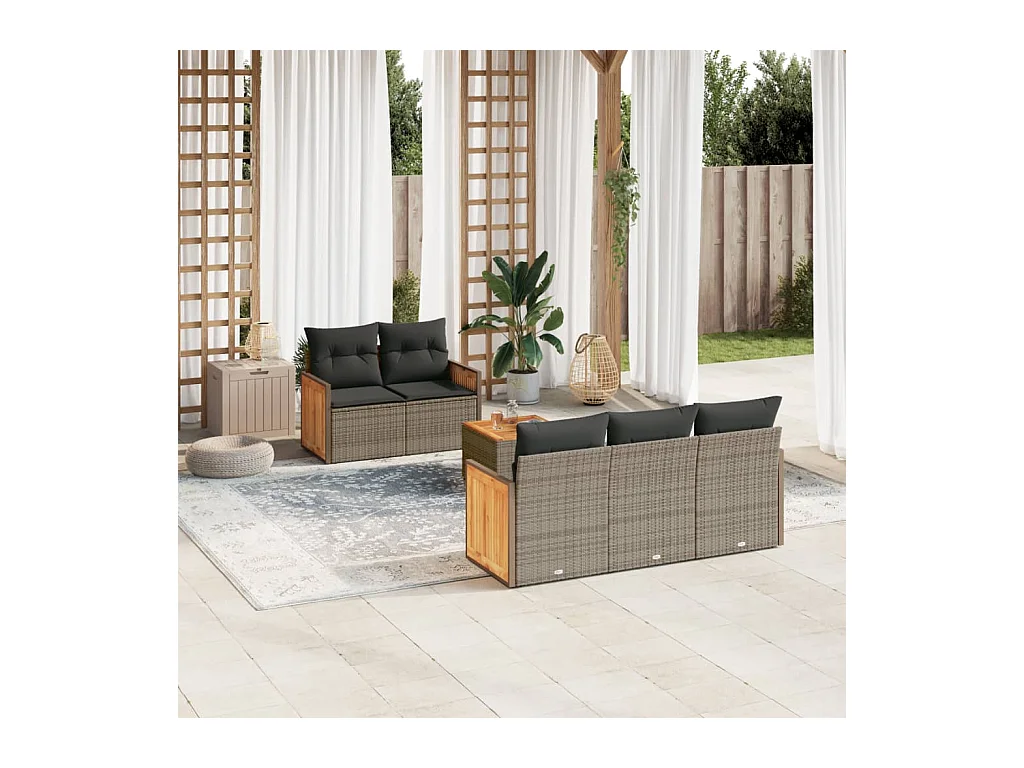 Set de muebles de jardín 6 piezas y cojines ratán sintético gris