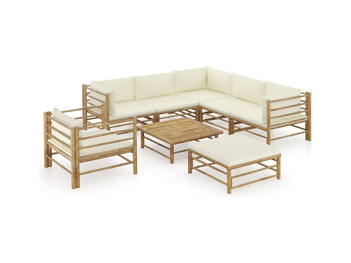 Salon de jardin 8 pièces avec coussins blanc crème Bambou