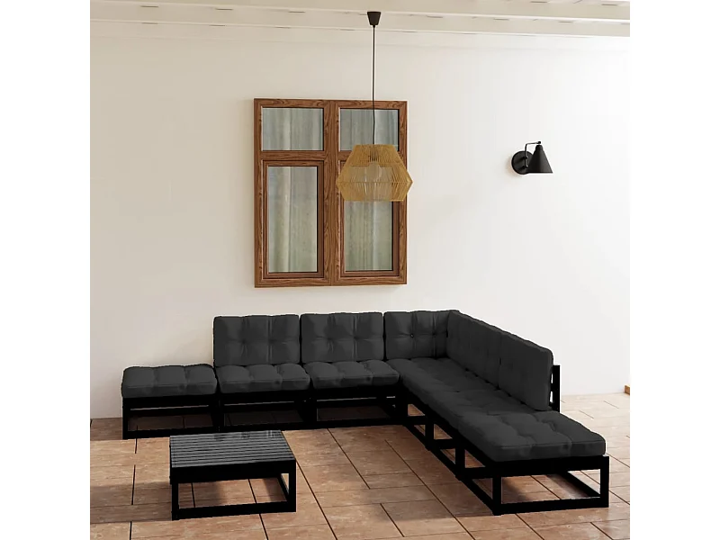 Juego de muebles de jardín 8 piezas y cojines madera pino maciza