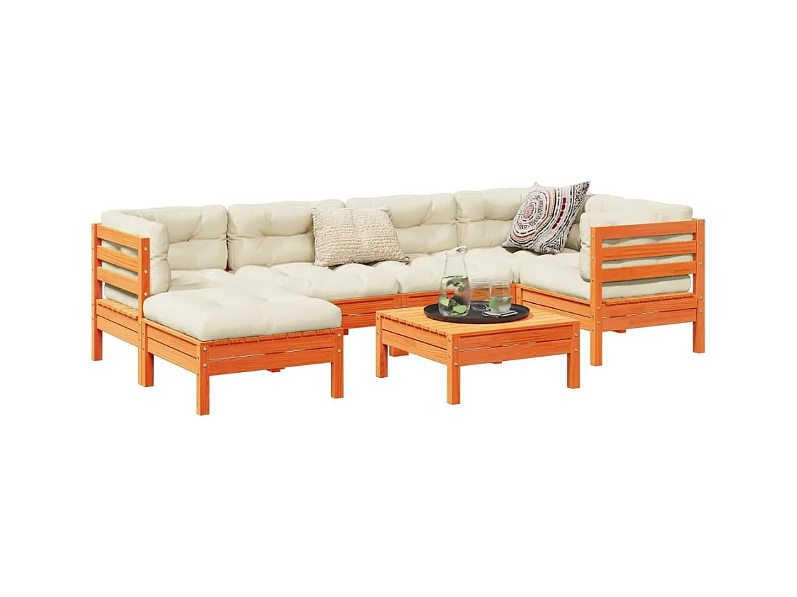 Salon de jardin 7 pièces avec coussins cire marron bois pin massif