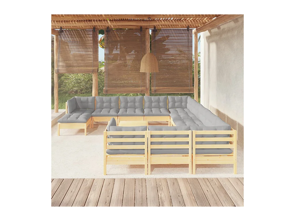 13-delige Loungeset met grijze kussens grenenhout