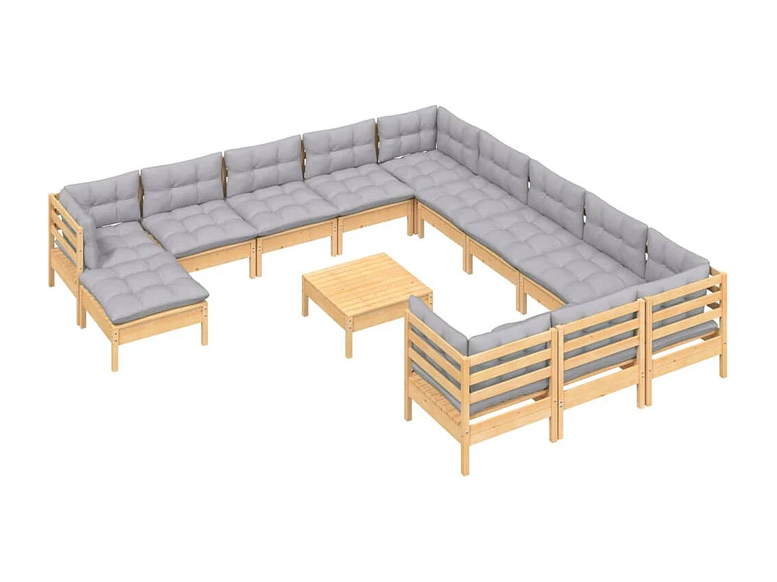 Juego de muebles de jardín 13 piezas y cojines madera pino gris