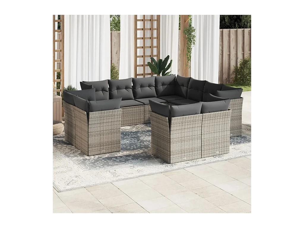11 peças conjunto sofás de jardim c/ almofadões vime PE cinzento