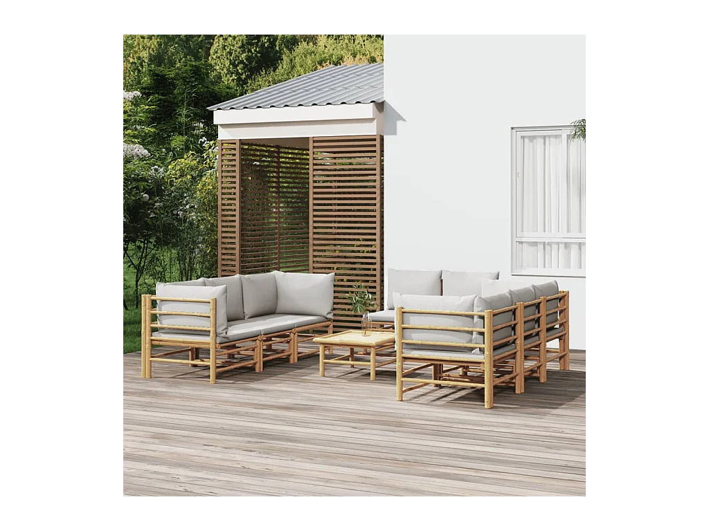 Salon de jardin 9 pièces avec coussins gris clair bambou