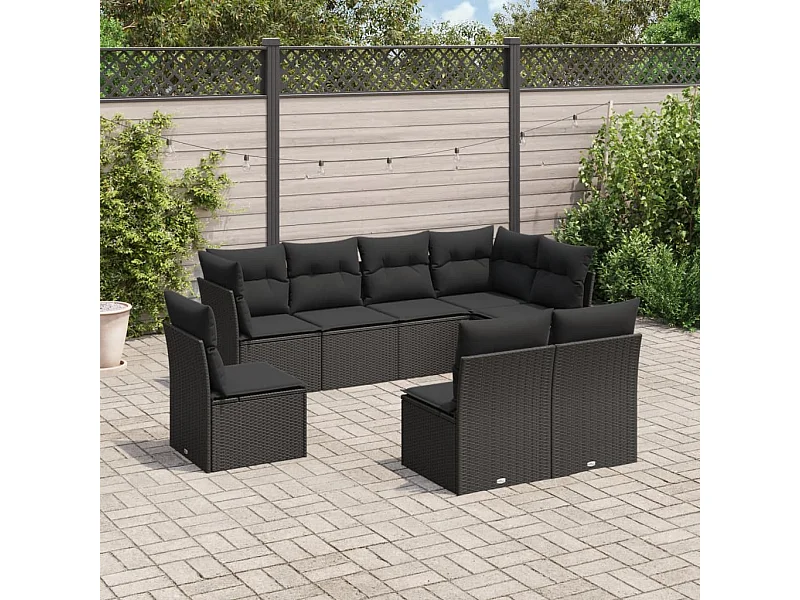8-delige Loungeset met kussens poly rattan zwart