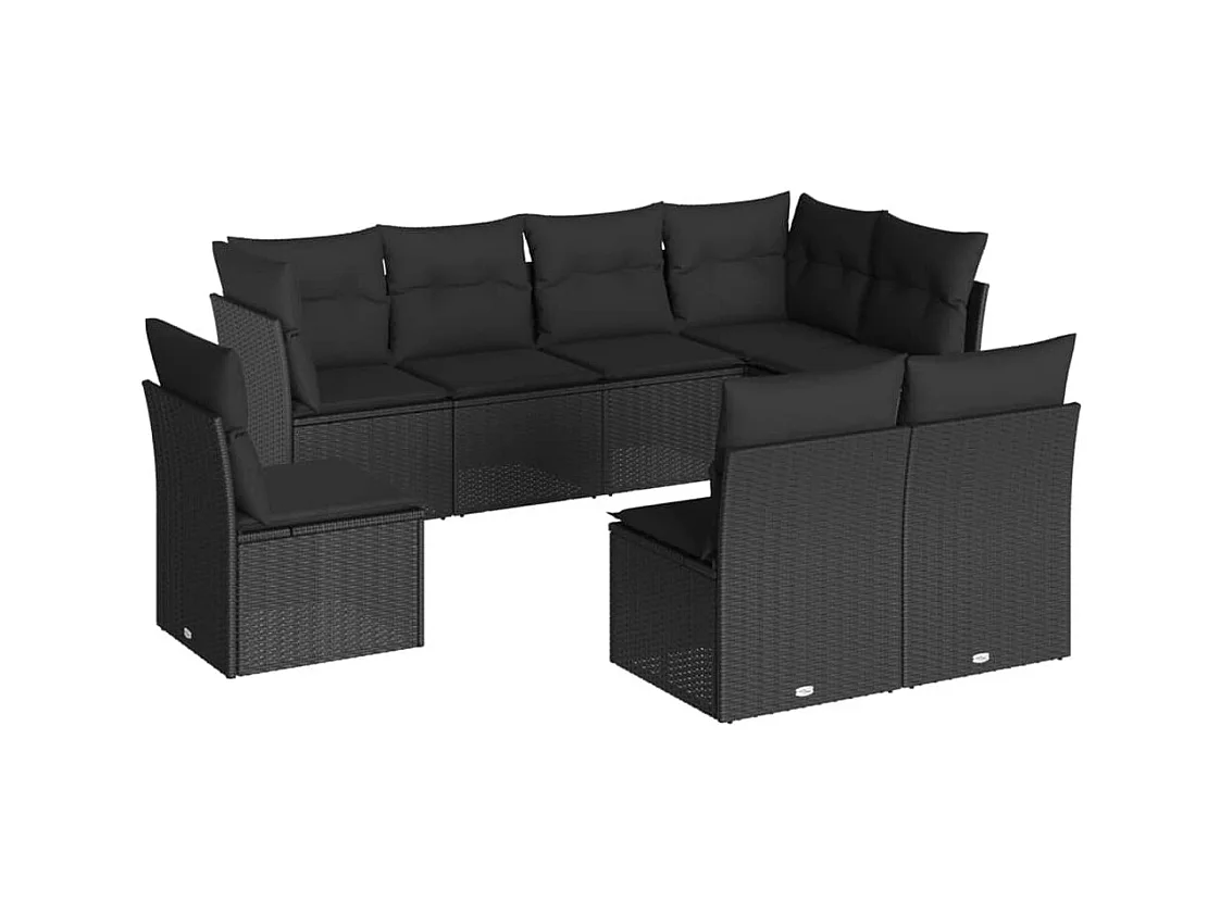 Salon de jardin 8 pièces avec coussins noir résine tressée