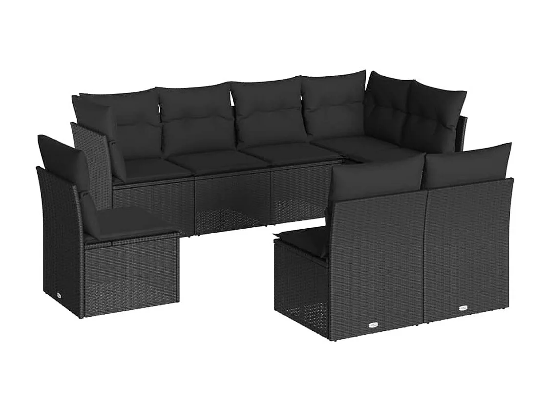 Salon de jardin 8 pièces avec coussins noir résine tressée
