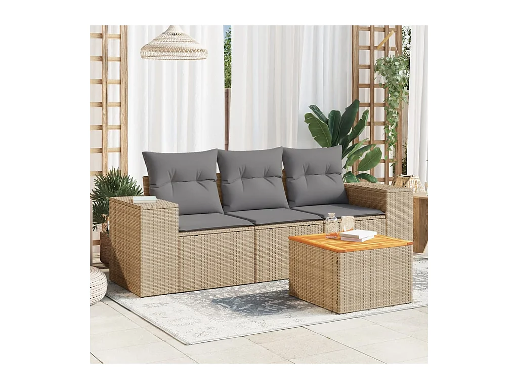 4-delige Loungeset met kussens poly rattan beige
