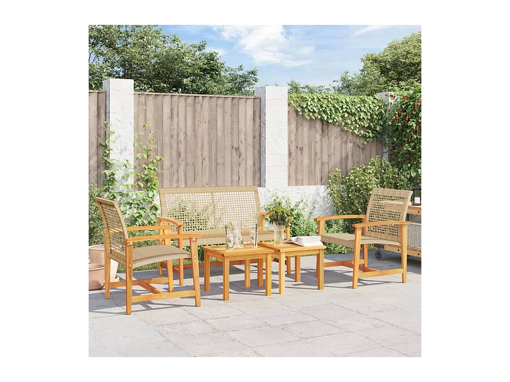 Salon de jardin 5 pièces beige résine tressée et bois d'acacia