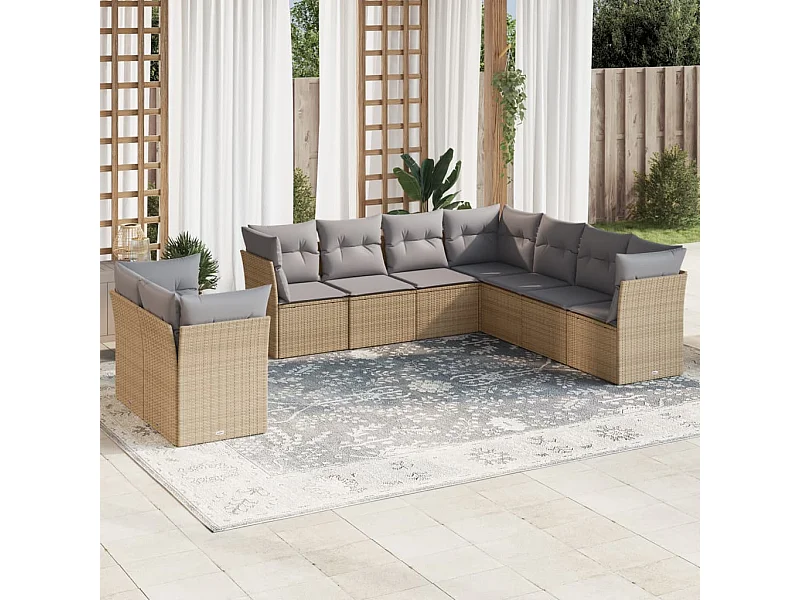 9 peças conjunto de sofás p/ jardim com almofadões vime PE bege