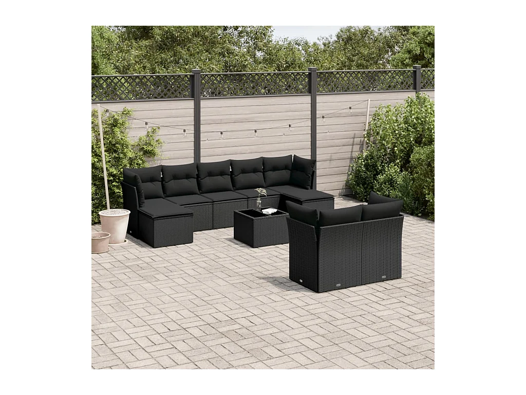 Salon de jardin 10 pièces avec coussins noir résine tressée