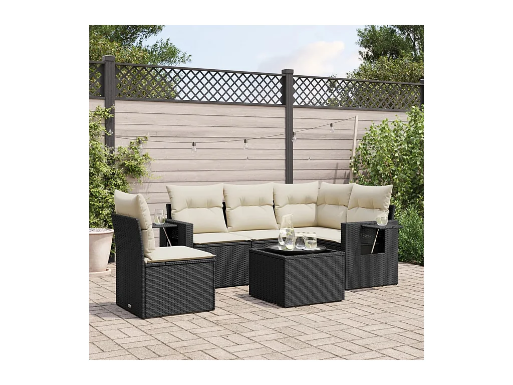Salon de jardin 6 pièces avec coussins noir résine tressée
