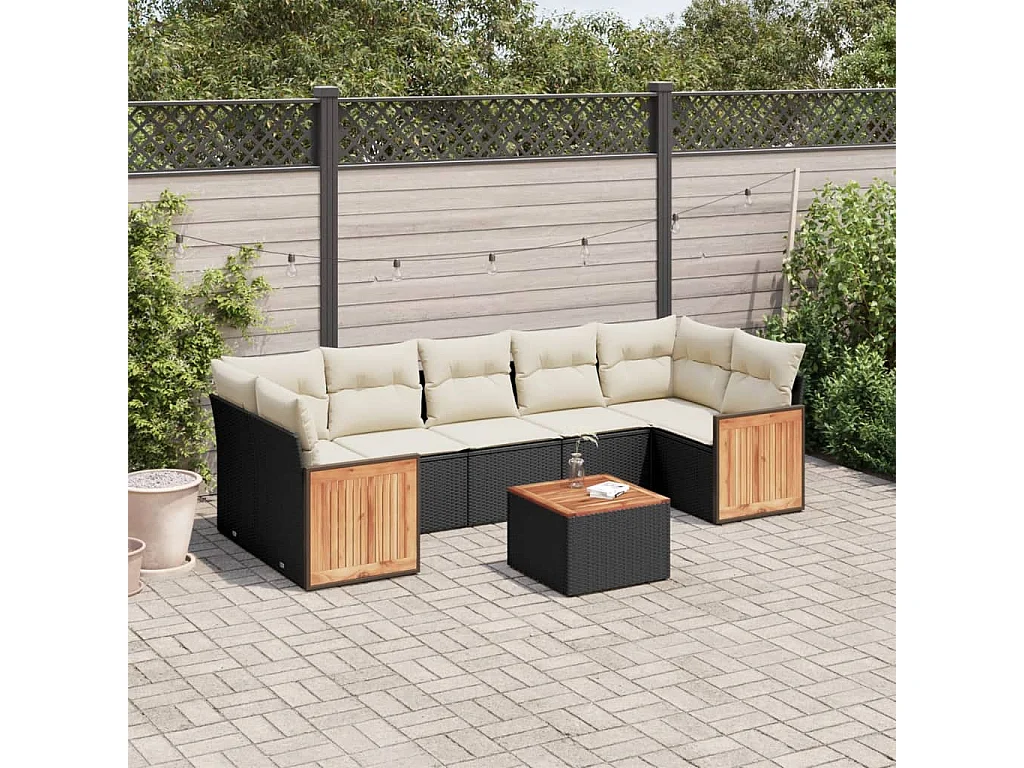 8-delige Loungeset met kussens poly rattan zwart