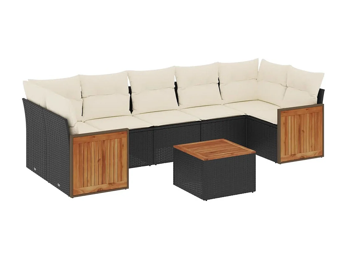 8-delige Loungeset met kussens poly rattan zwart