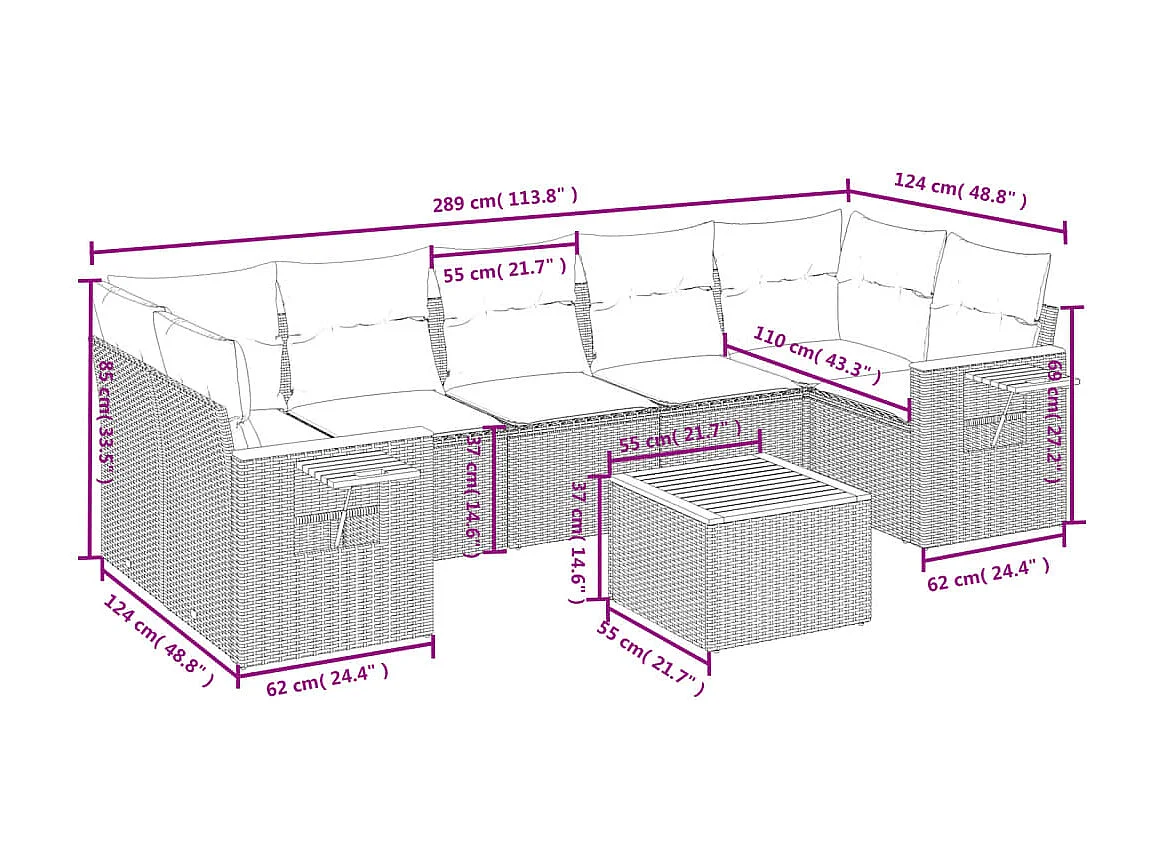 Salon de jardin 8 pièces avec coussins noir résine tressée