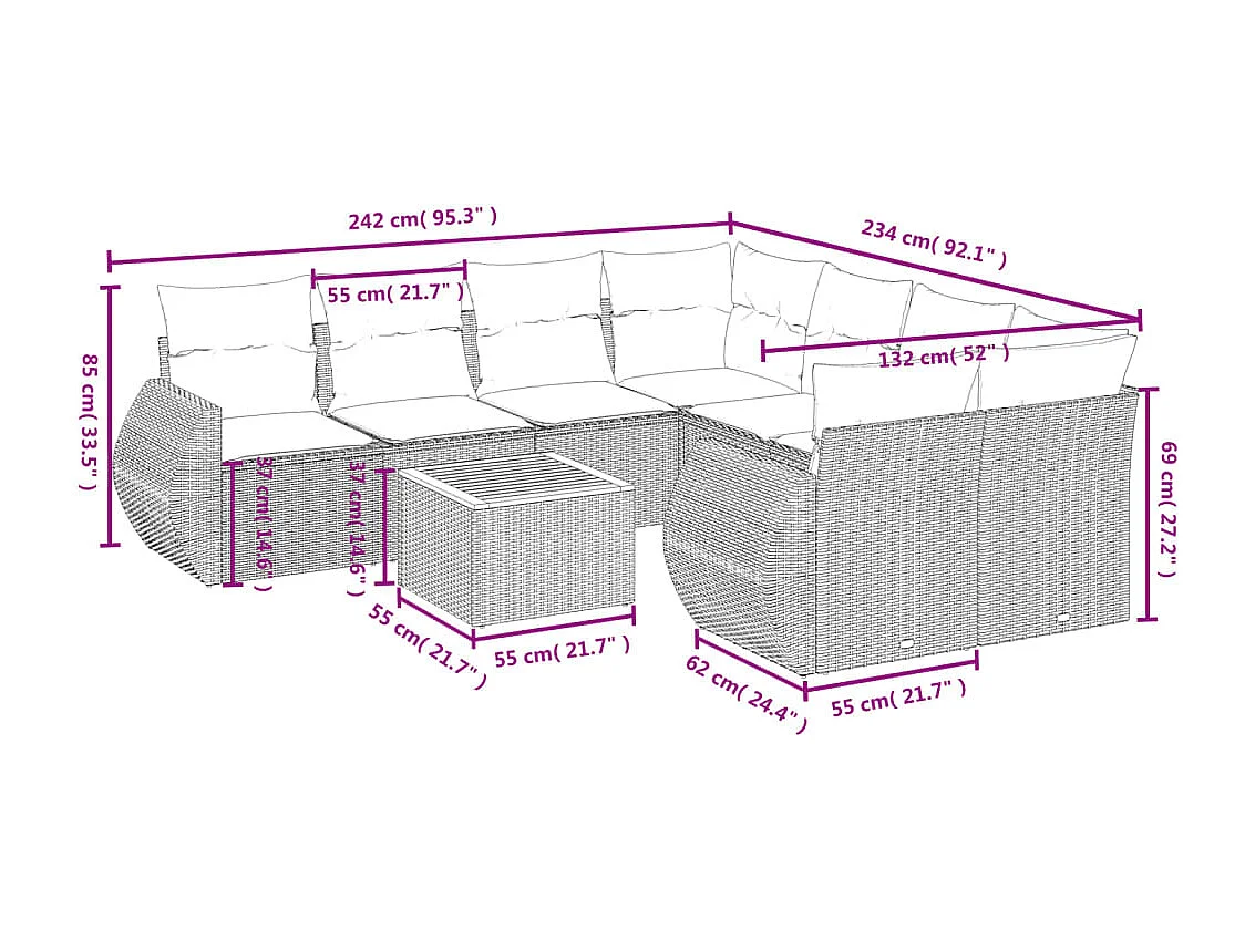 Salon de jardin 9 pièces avec coussins noir résine tressée