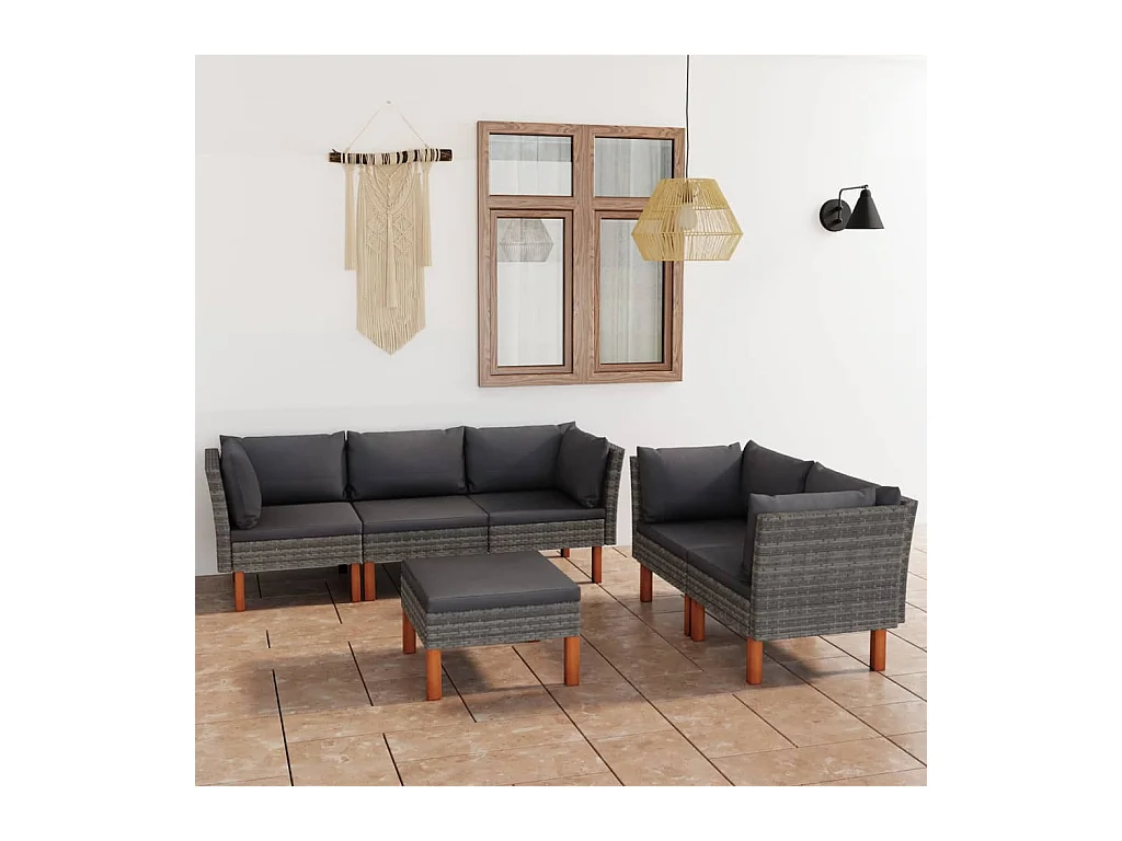 6-delige Loungeset met kussens poly rattan grijs