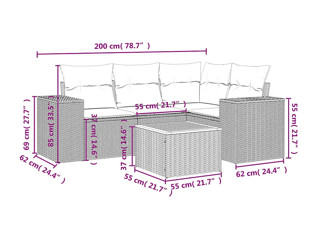 5-delige Loungeset met kussens poly rattan beige