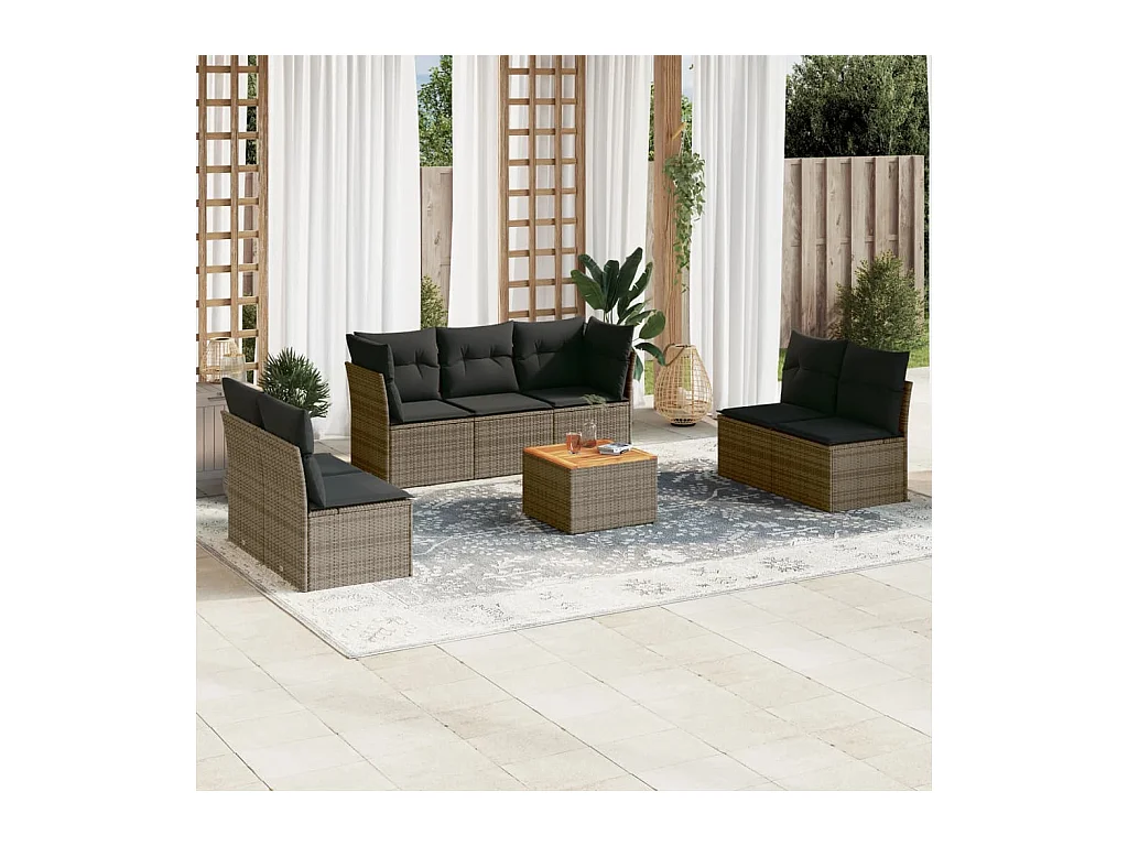 8 peças conjunto sofás de jardim c/ almofadões vime PE cinzento