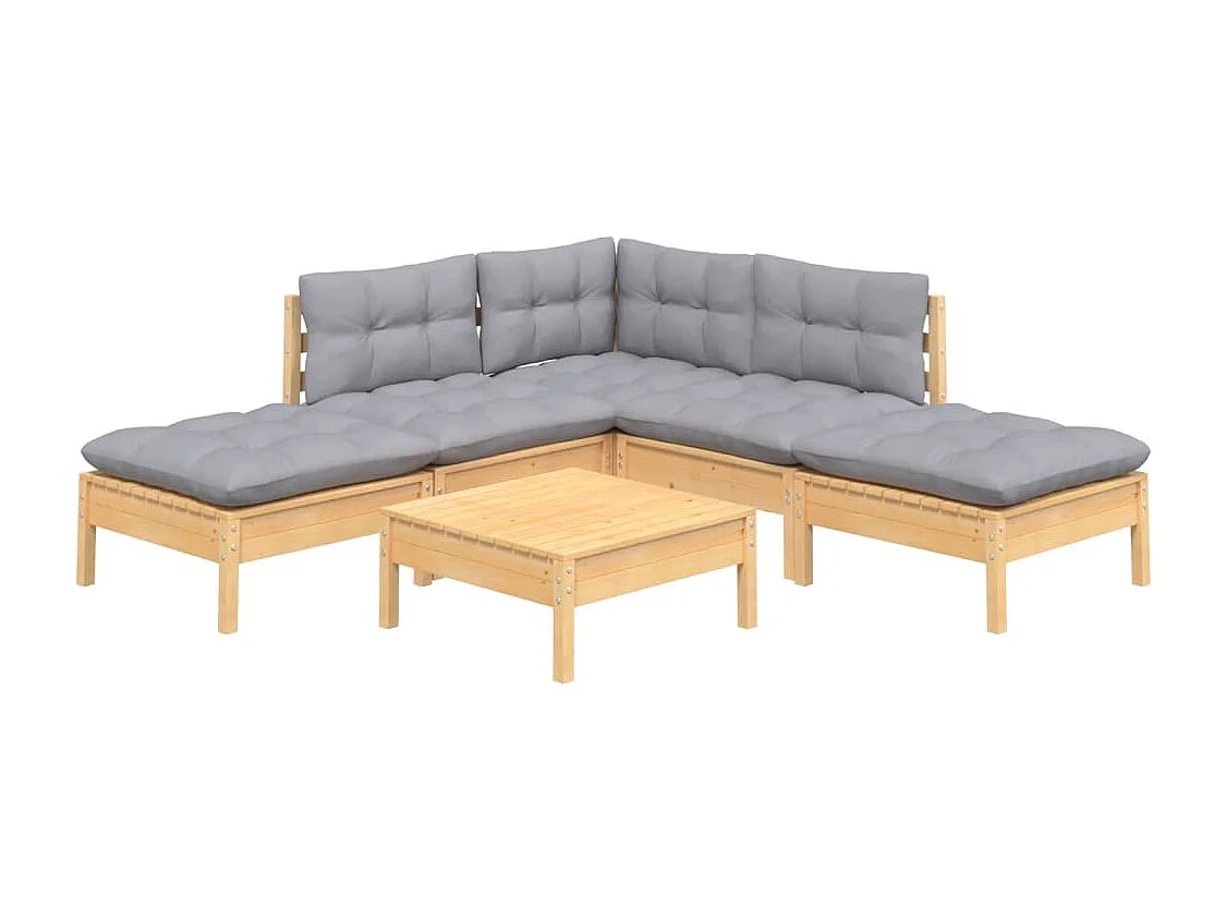 Salon de jardin 6 pièces avec coussins gris Bois de pin