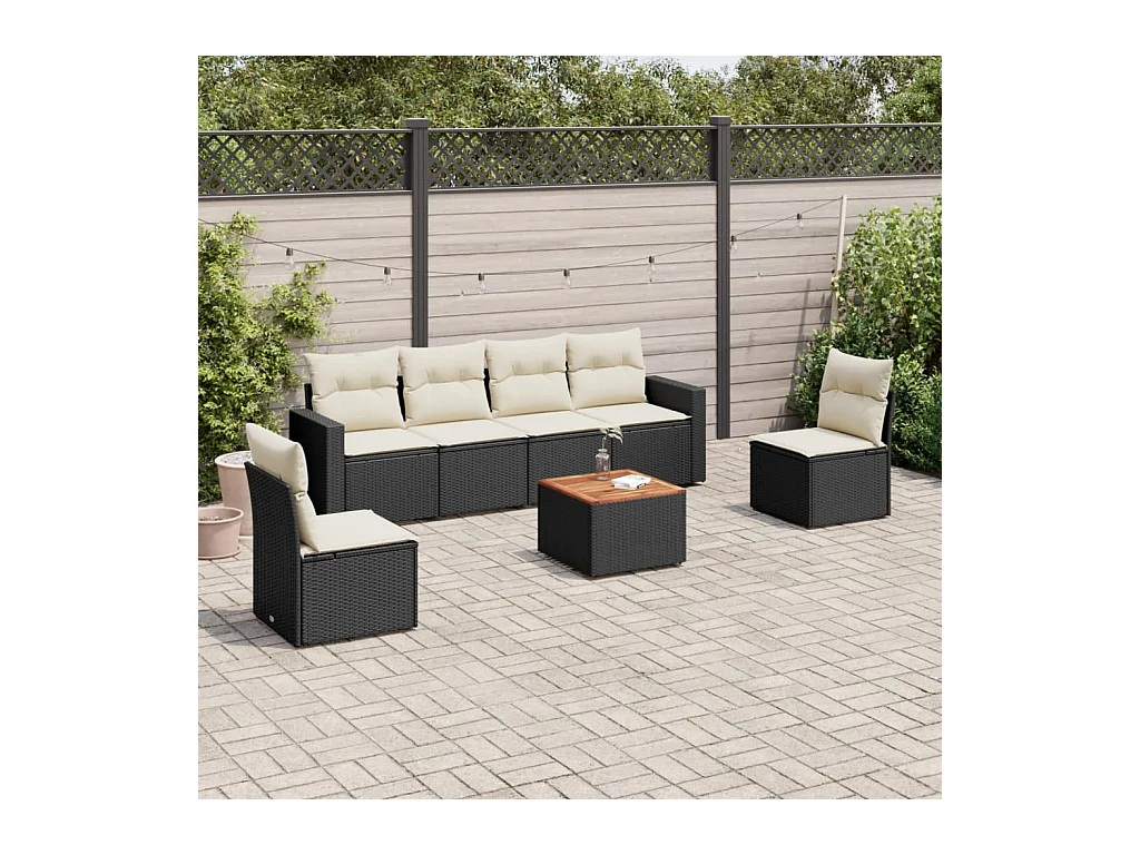 Salon de jardin 7 pièces avec coussins noir résine tressée