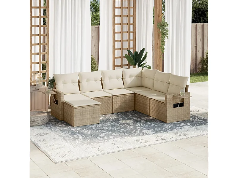 Set sofás de jardín 7 piezas y cojines ratán sintético beige