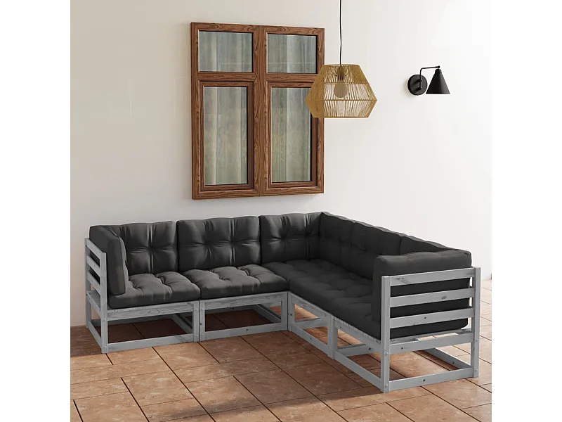 Juego de muebles de jardín 5 piezas y cojines madera pino maciza