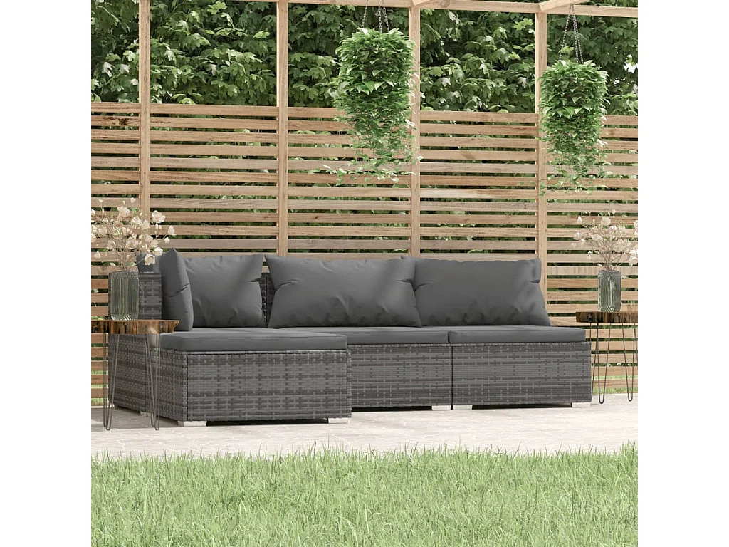 Set de muebles de jardín 4 piezas y cojines ratán sintético gris