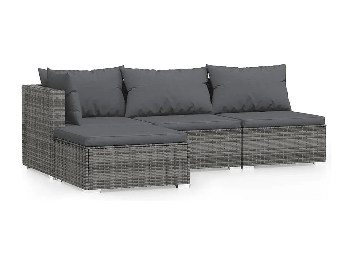 Set de muebles de jardín 4 piezas y cojines ratán sintético gris