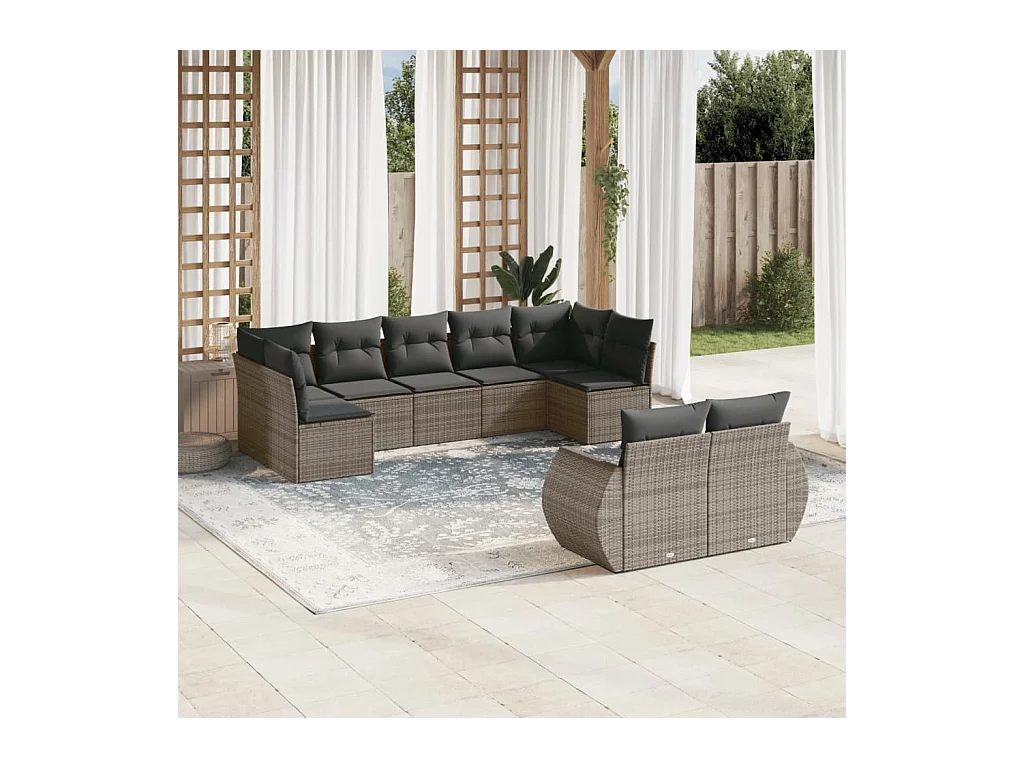 Salon de jardin 9 pièces avec coussins gris résine tressée
