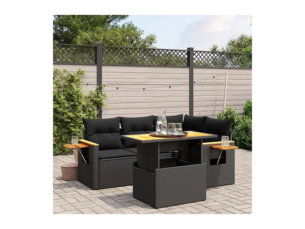 Salon de jardin 5 pièces avec coussins noir résine tressée