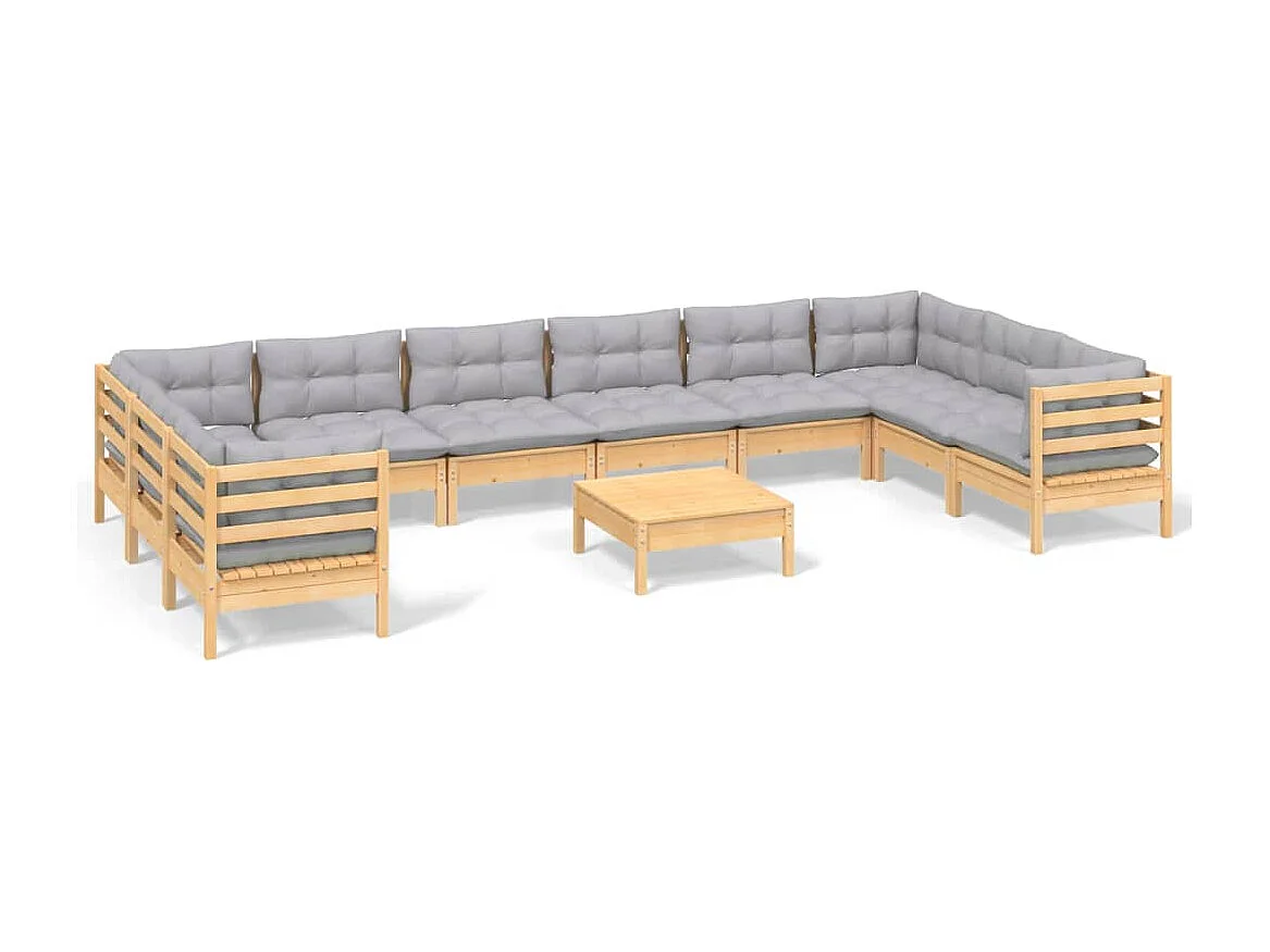 11 peças conjunto lounge de jardim c/ almofadões cinzentos pinho