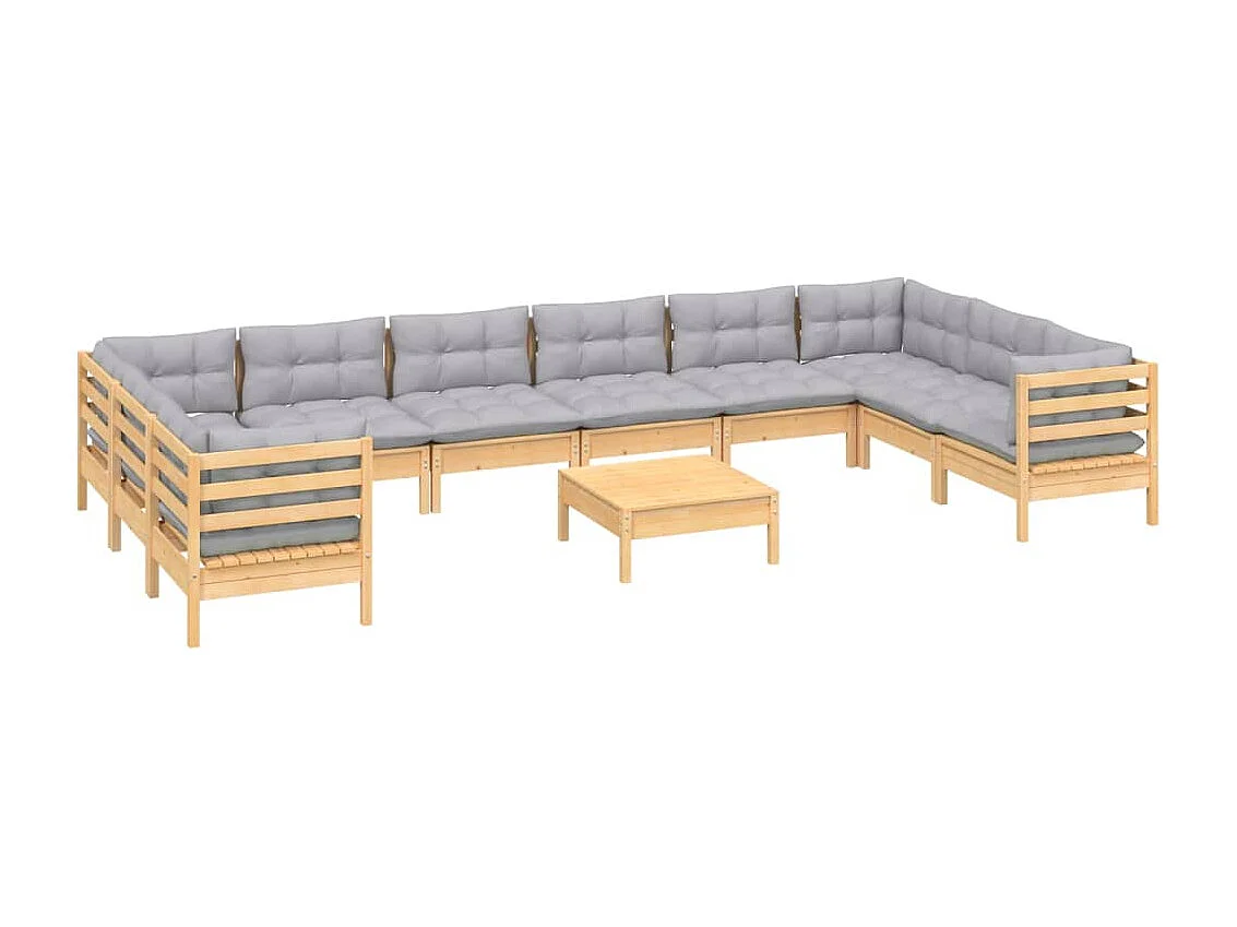 11 peças conjunto lounge de jardim c/ almofadões cinzentos pinho